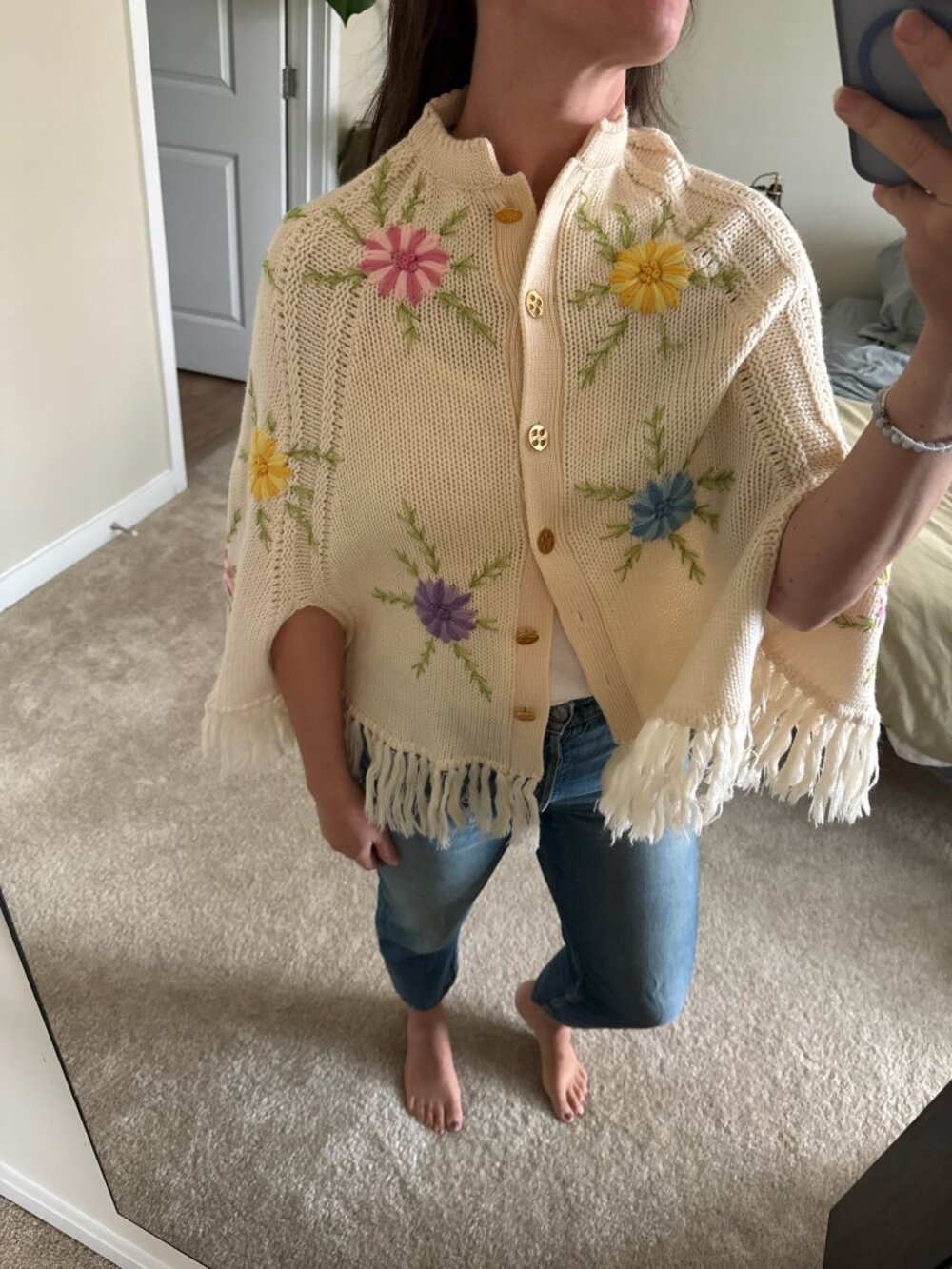 Vintage Cecile Wool Hand Embroidered Floral Poncho Cape OSFM